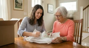 professional organizer packing sentimental items for senior
