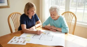 senior move manager floor planning with client